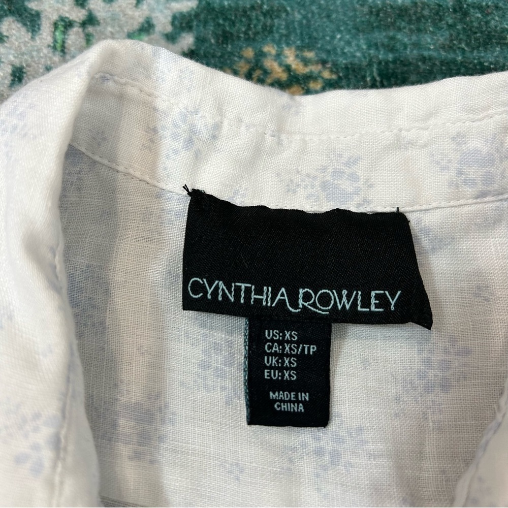 Cynthia Rowley White Linen Button down Shirt dainty Blue floral Print Top XS - Picture 2 of 14